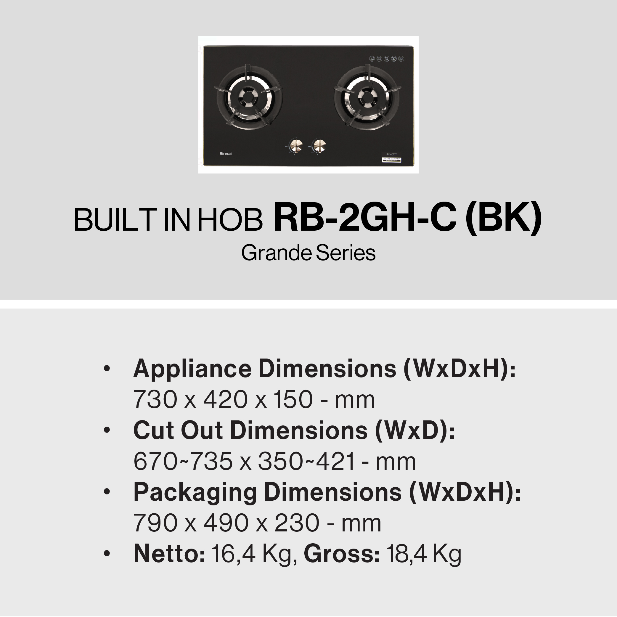 Rinnai Kompor Tanam 2 Tungku Grande - RB2GH BK